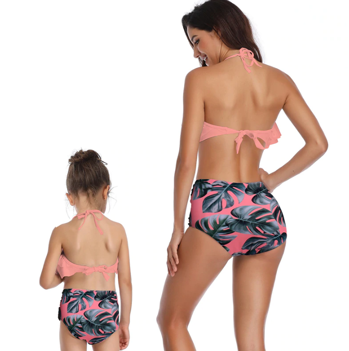 High Waist Coral Leaf Mommy and Me 2 Piece Swimsuit