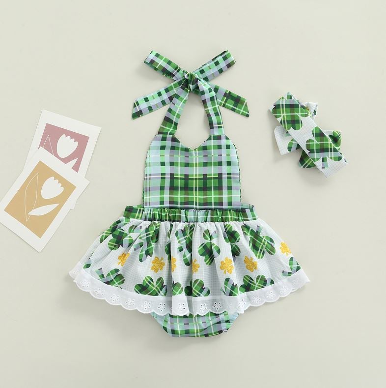 St. Patrick's Day Plaid Clover Romper