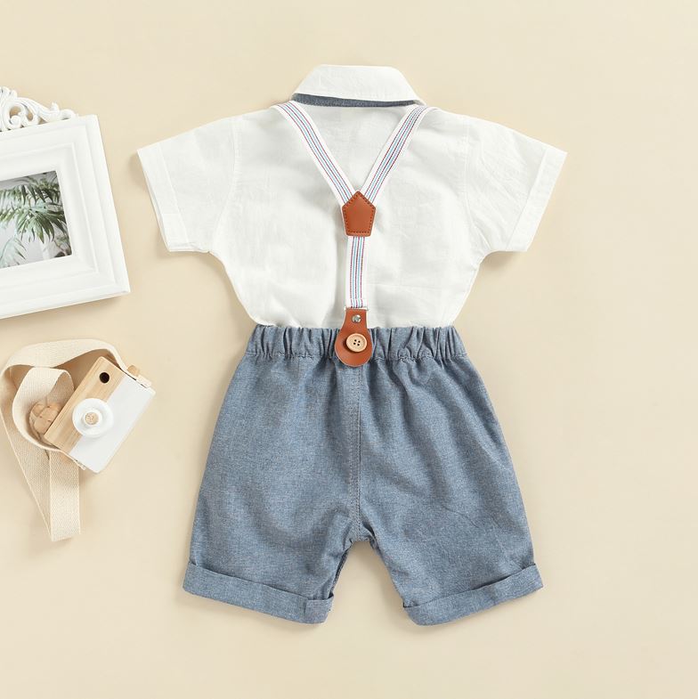 Gentleman Bow Tie Romper with Overalls Shorts