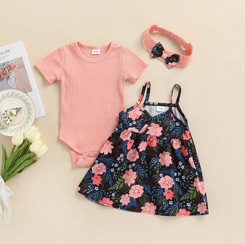 Floral Dress with Pink Onesie & Headband