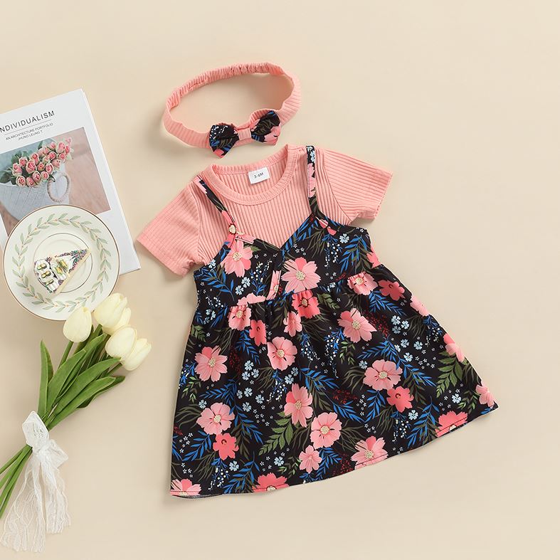 Floral Dress with Pink Onesie & Headband