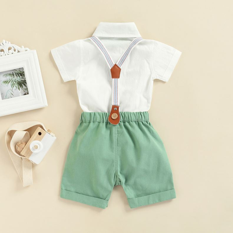 Gentleman Bow Tie Romper with Overalls Shorts