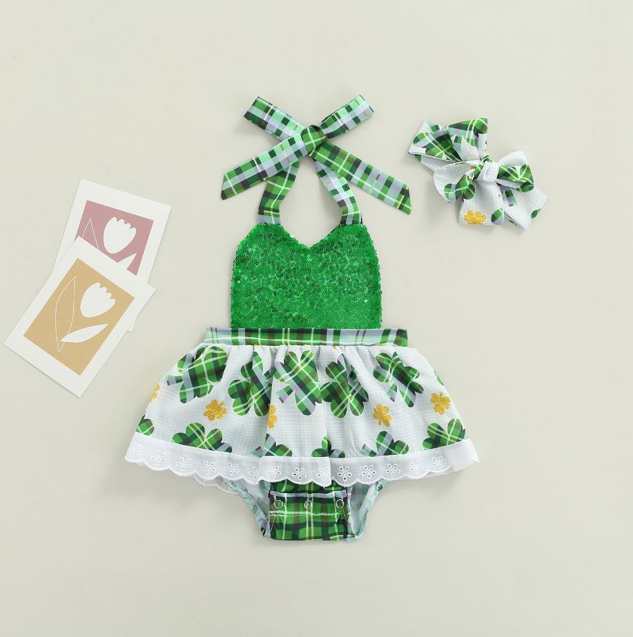 St. Patrick's Day Plaid Clover Romper