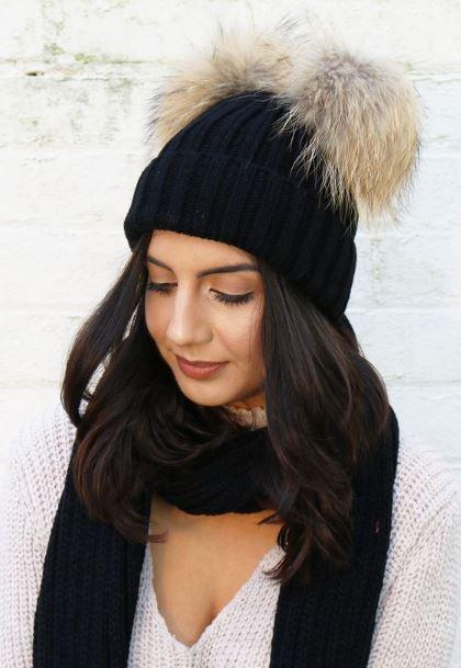 Fur Pom Pom Matching Beanies