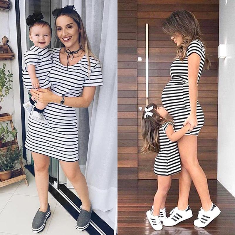 Mother and Daughter Matching Short Sleeve Striped Dresses Mommy and Me