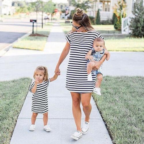 Mother and Daughter Matching Short Sleeve Striped Dresses Mommy and Me