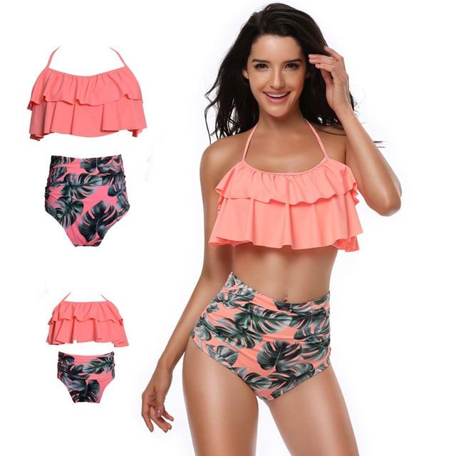 High Waist Coral Leaf Mommy and Me 2 Piece Swimsuit