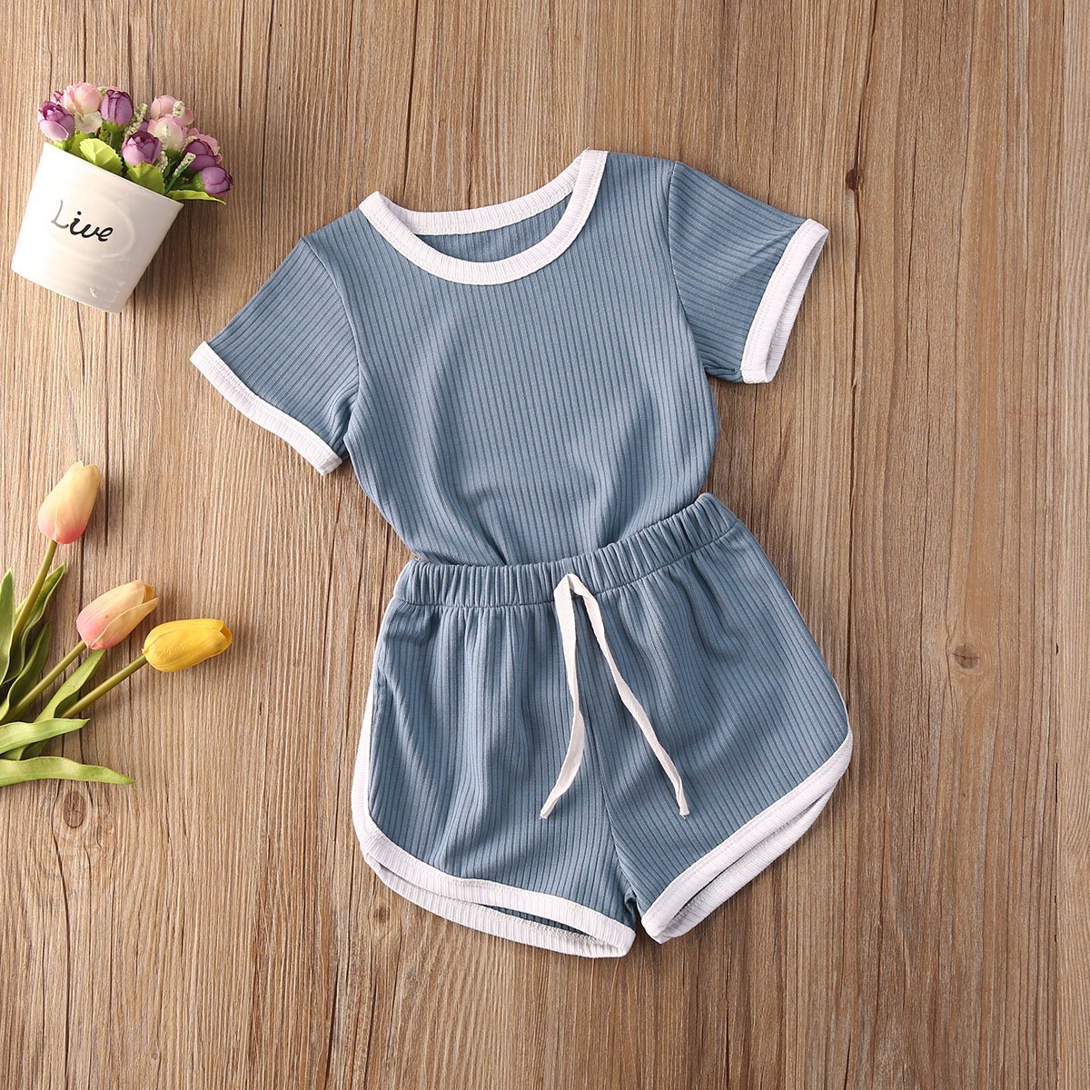 Solid Ribbed Onesie Shorts Sets (4 Colors)