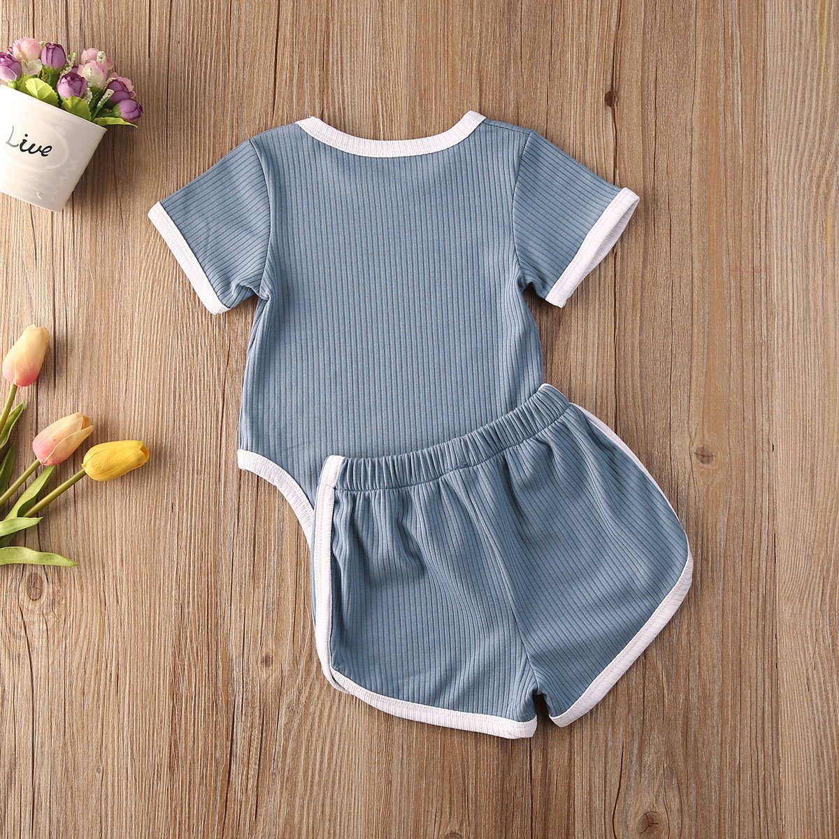 Solid Ribbed Onesie Shorts Sets (4 Colors)