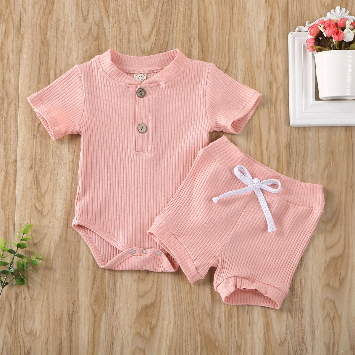 Solid Ribbed Onesie and Shorts Set (Multiple Colors)