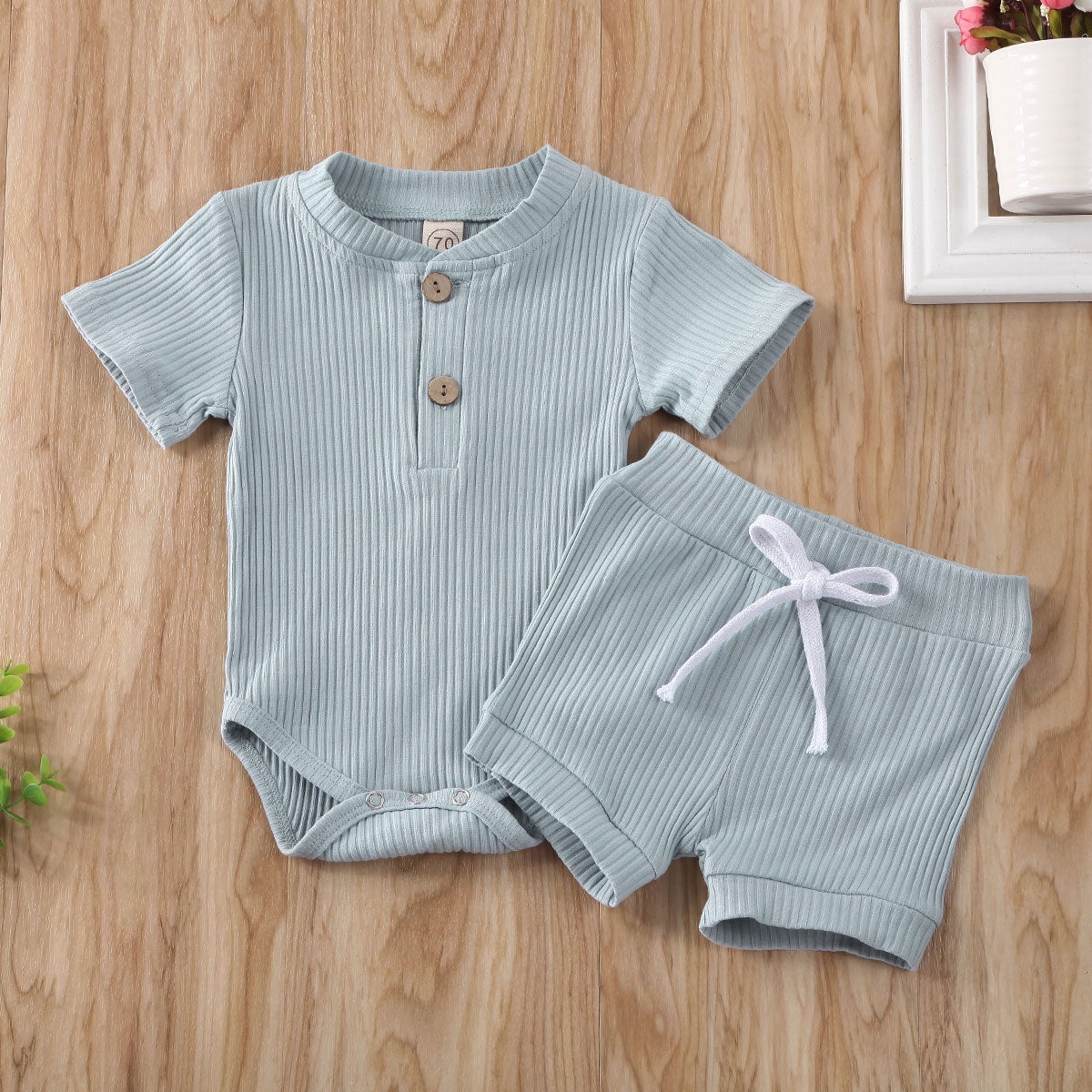 Solid Ribbed Onesie and Shorts Set (Multiple Colors)