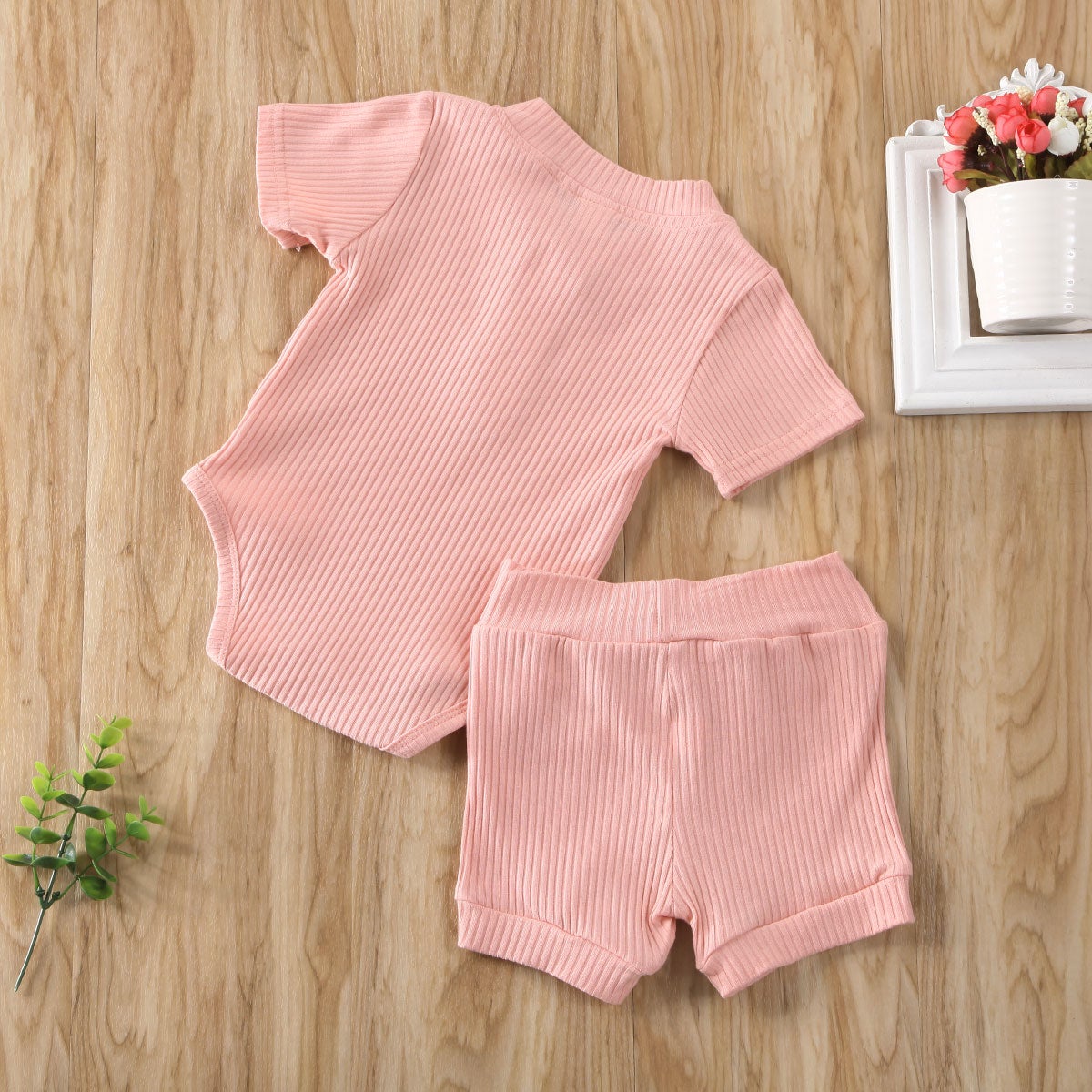 Solid Ribbed Onesie and Shorts Set (Multiple Colors)