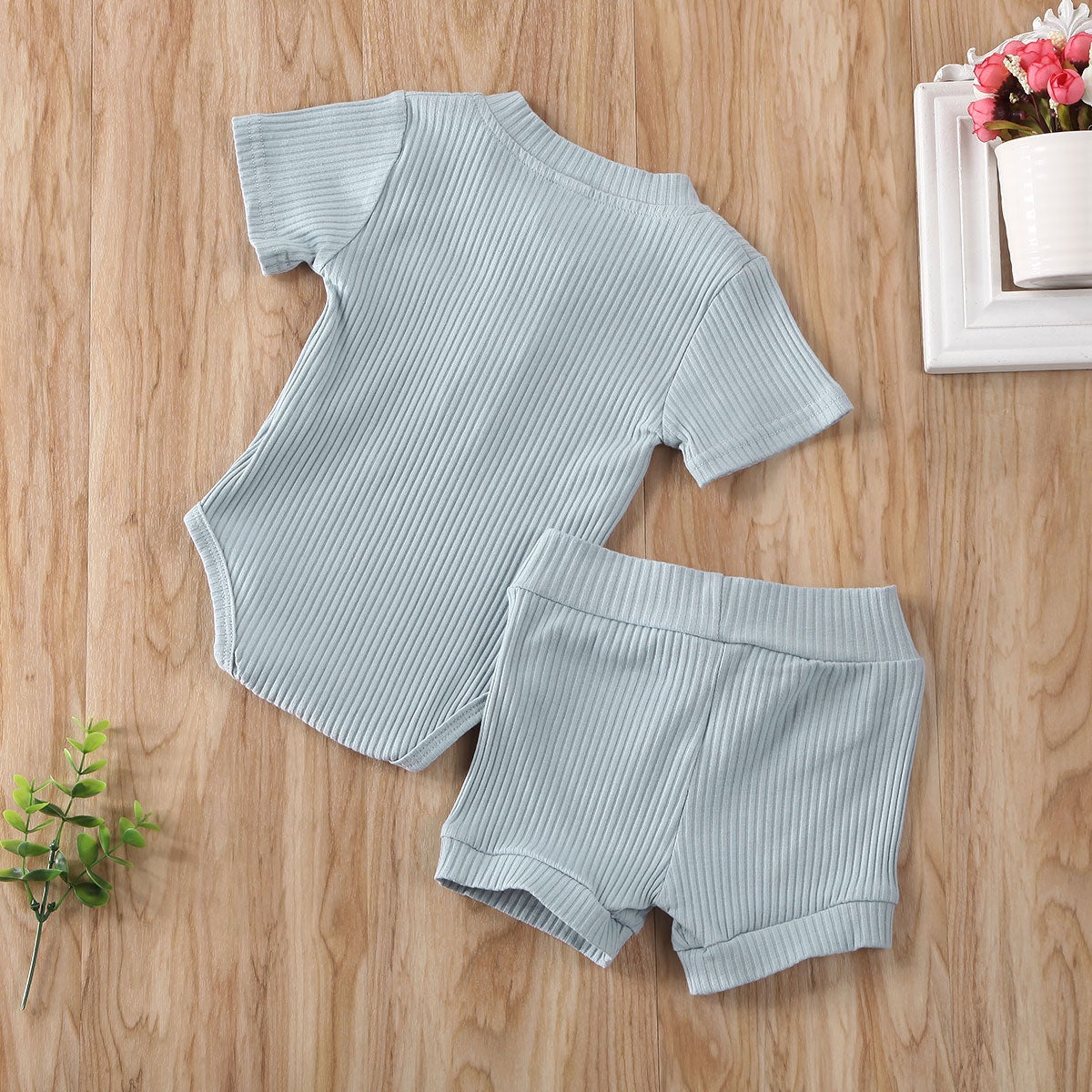 Solid Ribbed Onesie and Shorts Set (Multiple Colors)