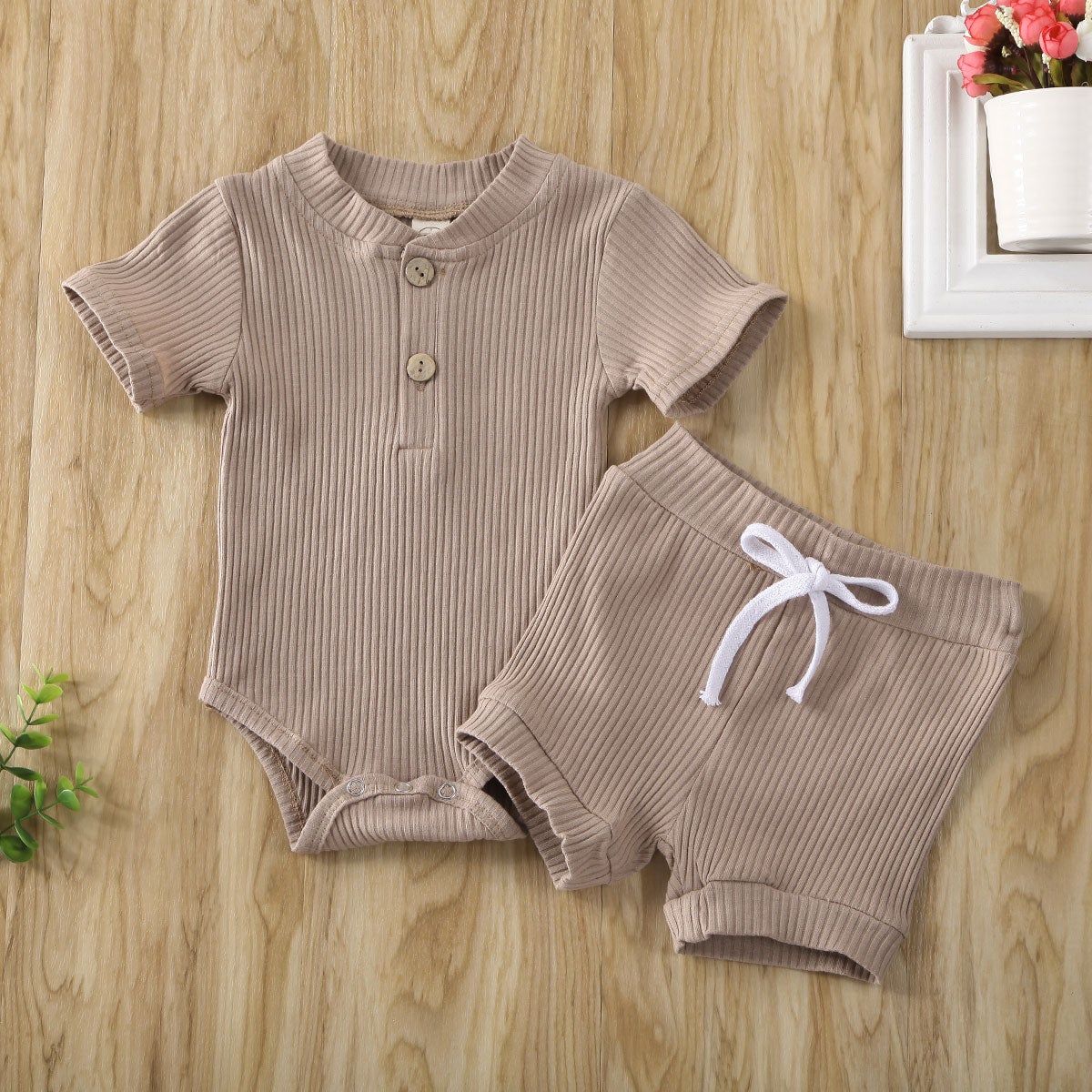 Solid Ribbed Onesie and Shorts Set (Multiple Colors)