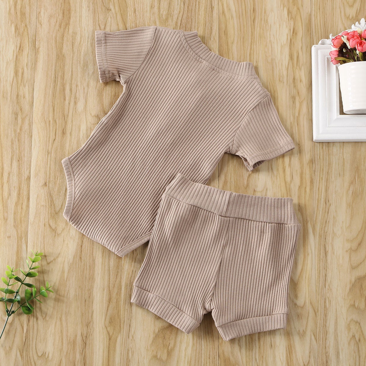 Solid Ribbed Onesie and Shorts Set (Multiple Colors)