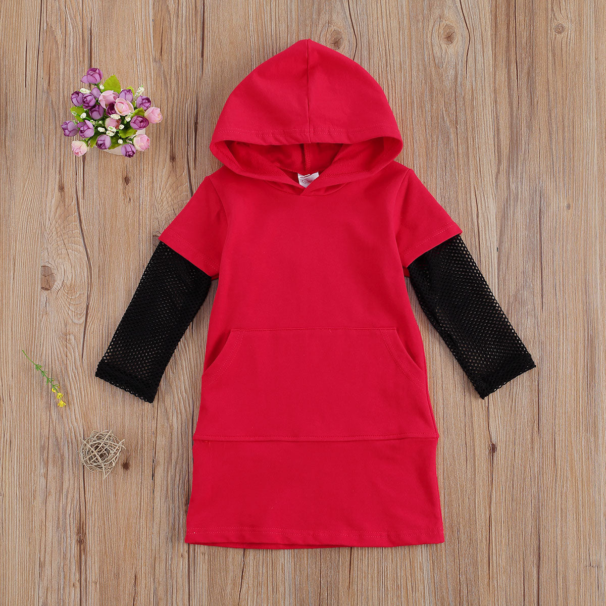 Casual Hooded Red Mesh Sleeve Dress