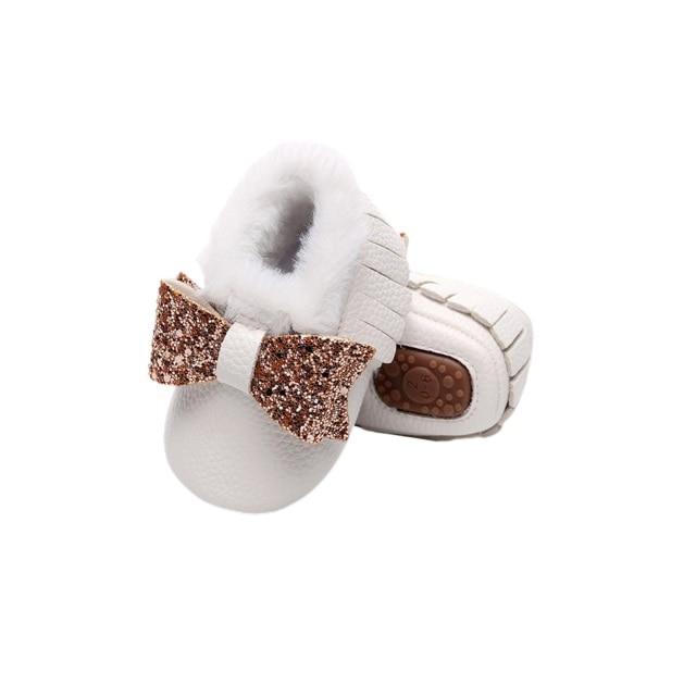 Furry Glitter Bow Moccasins