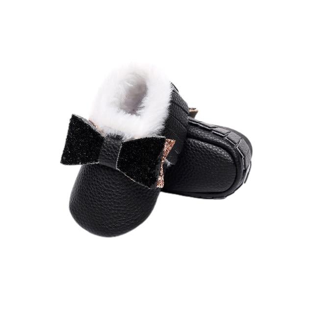 Furry Glitter Bow Moccasins