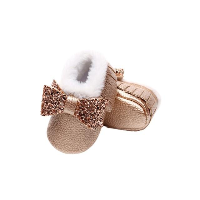 Furry Glitter Bow Moccasins