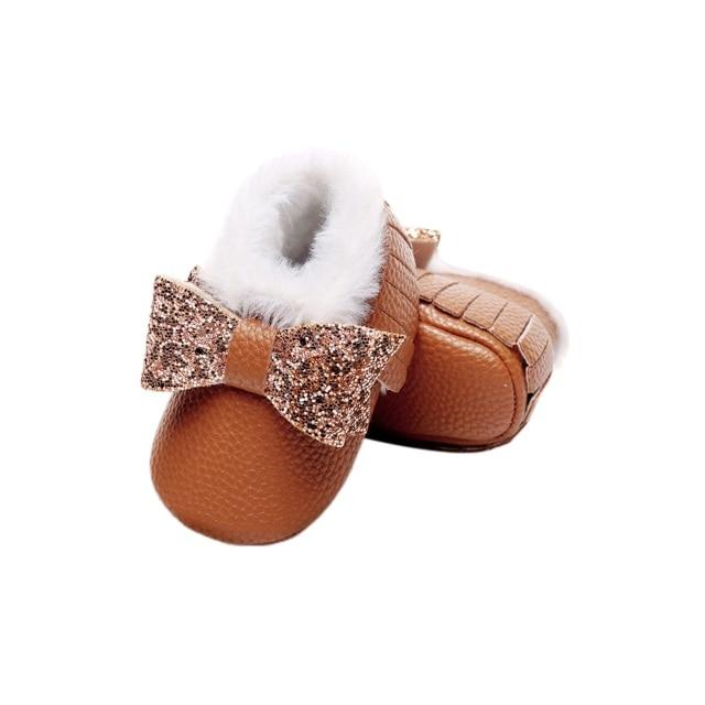 Furry Glitter Bow Moccasins