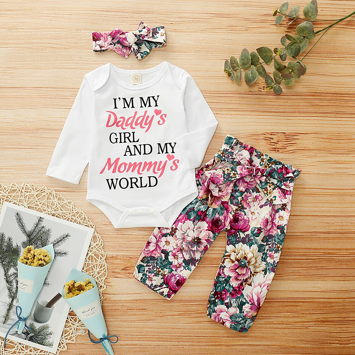 Daddy's Girl Mommy's World Floral Pants Set with Bow