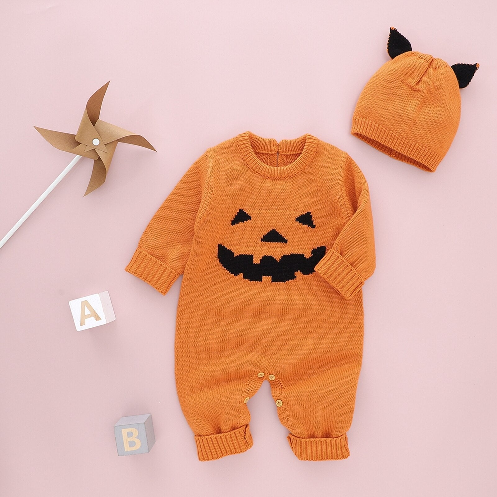 Knitted Pumpkin Romper with Hat