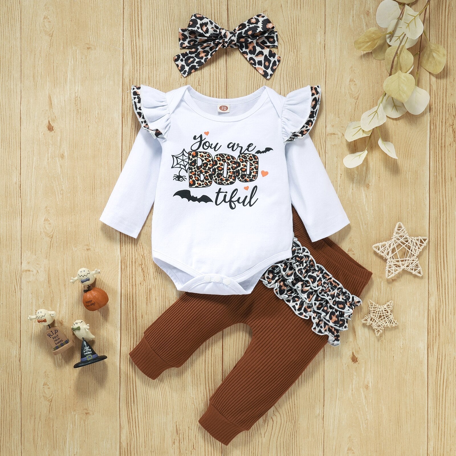 Boo Leopard Ruffle Onesie with Pants Outfit