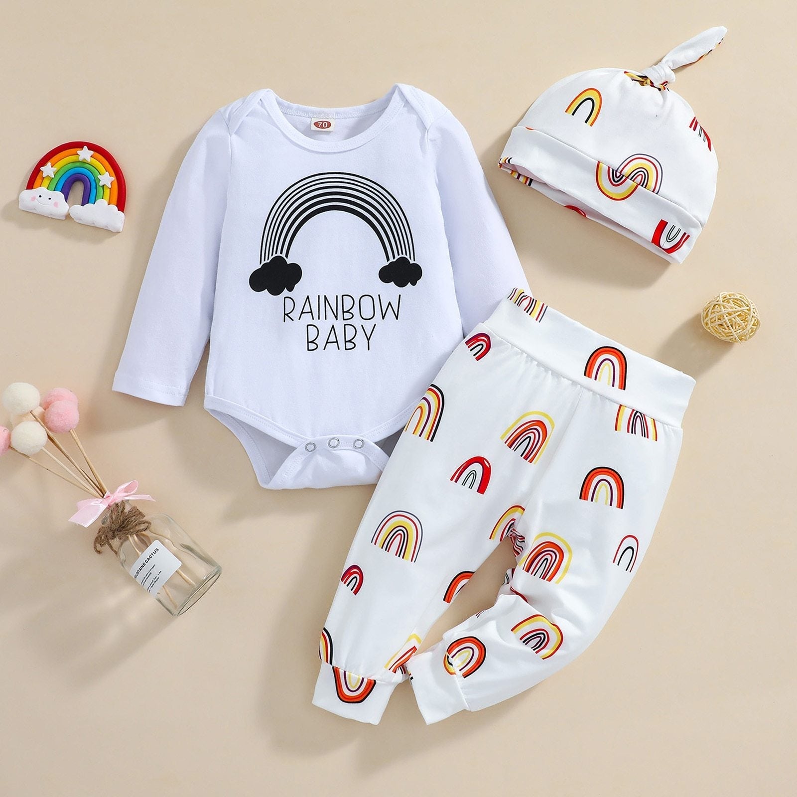 Long Sleeve Rainbow Baby Outfit with Hat