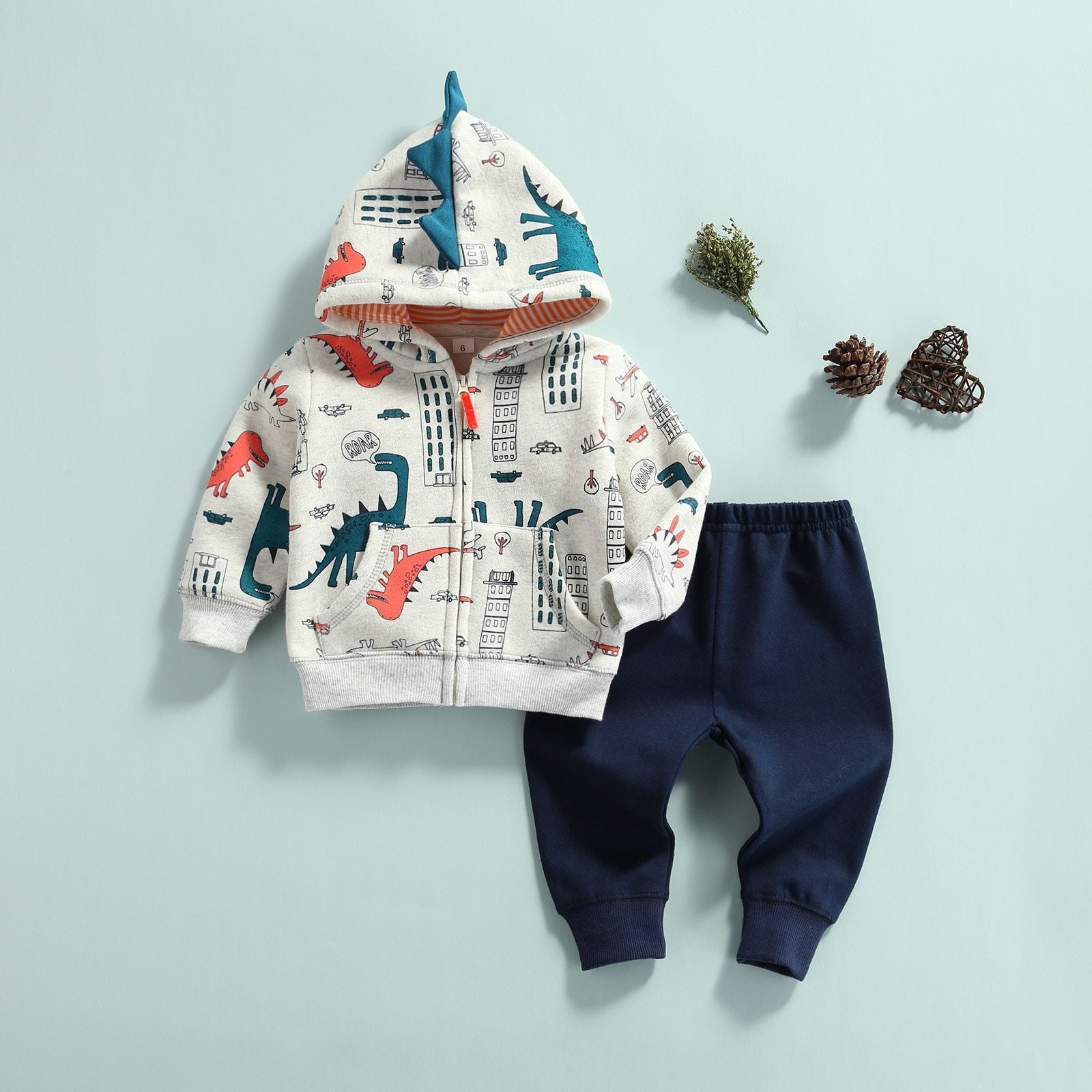 Dinosaur Zip Up with Solid Pants Outfit