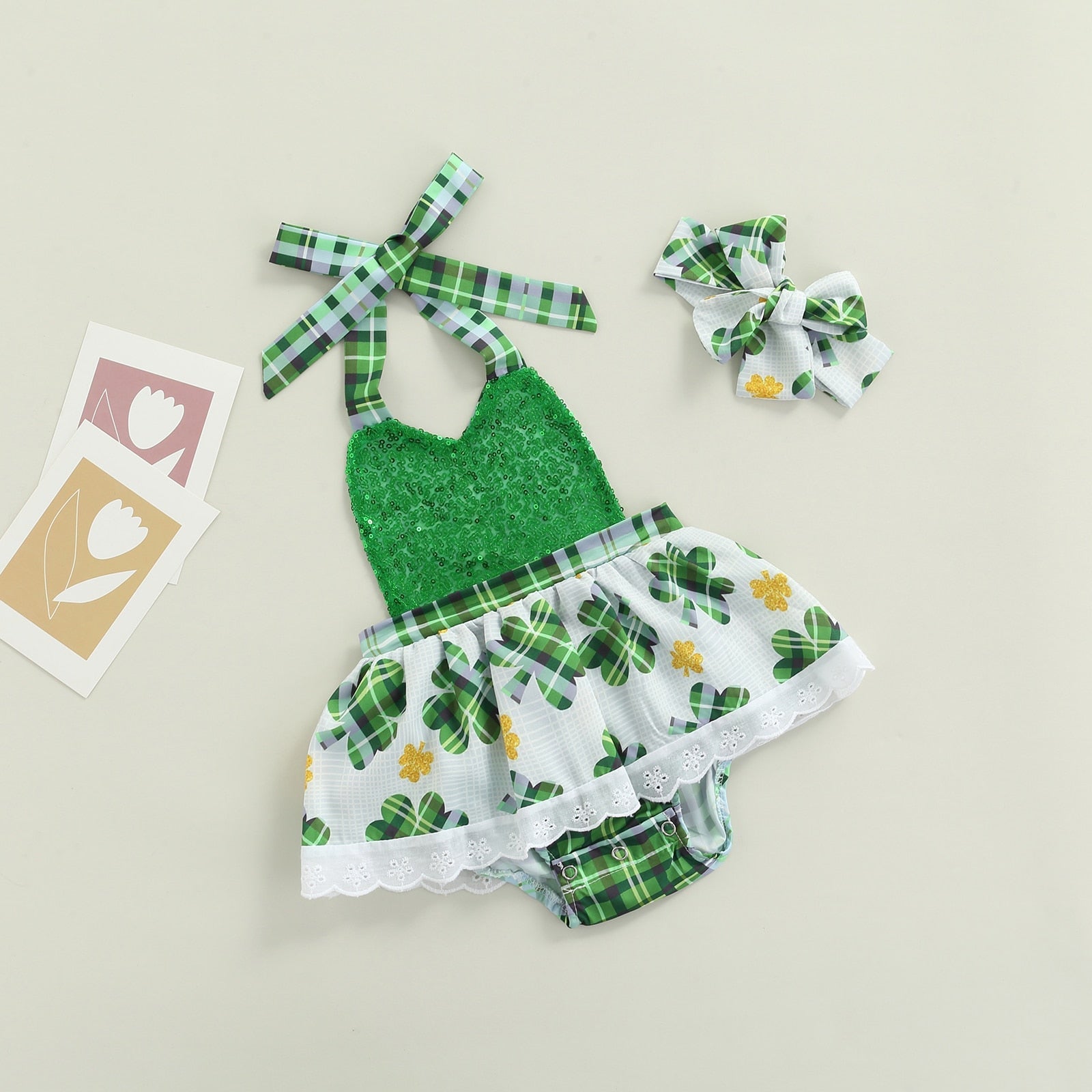 St. Patrick's Day Plaid Clover Romper