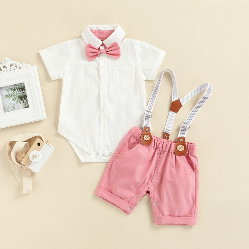 Gentleman Bow Tie Romper with Overalls Shorts