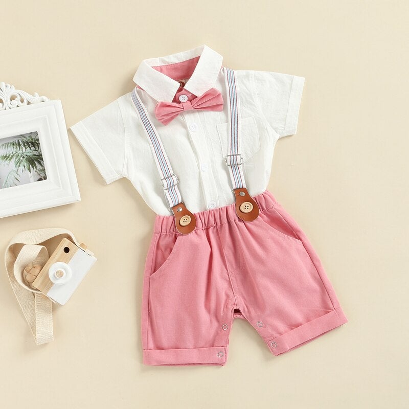 Gentleman Bow Tie Romper with Overalls Shorts