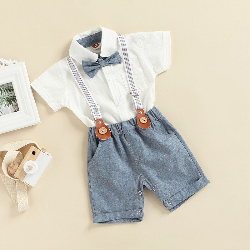 Gentleman Bow Tie Romper with Overalls Shorts