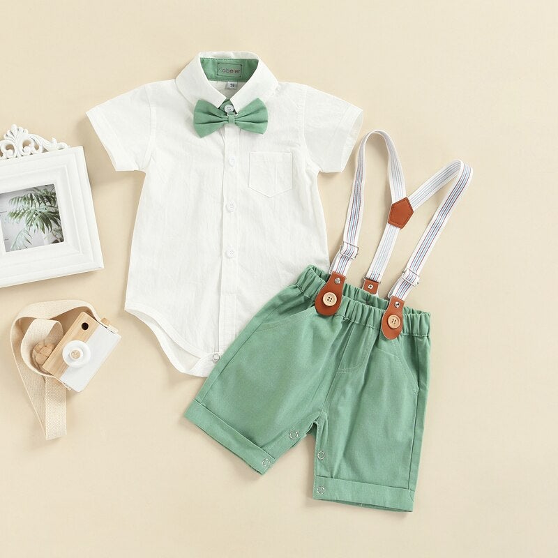 Gentleman Bow Tie Romper with Overalls Shorts