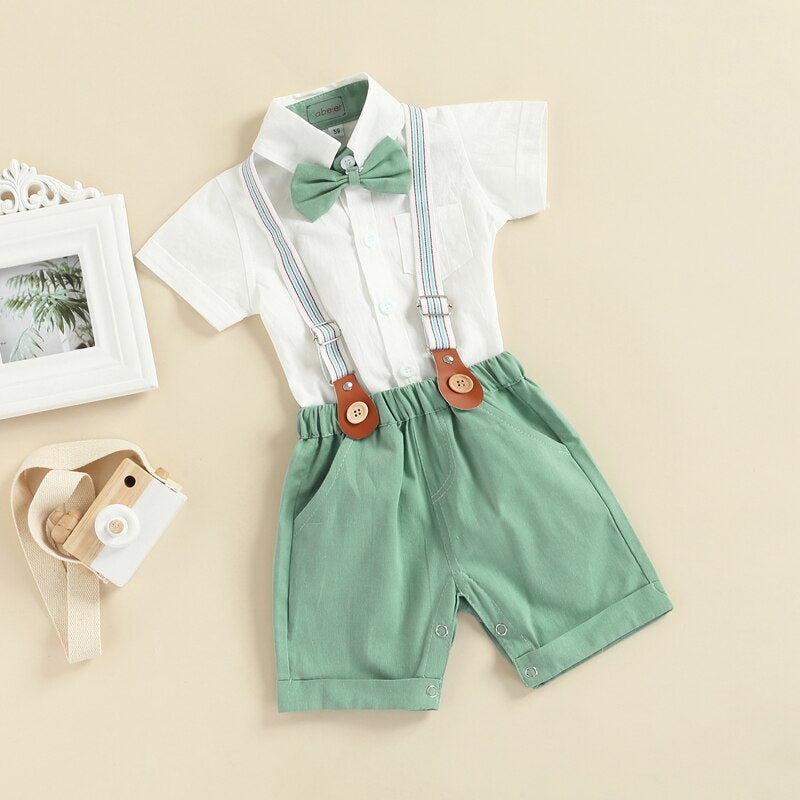 Gentleman Bow Tie Romper with Overalls Shorts