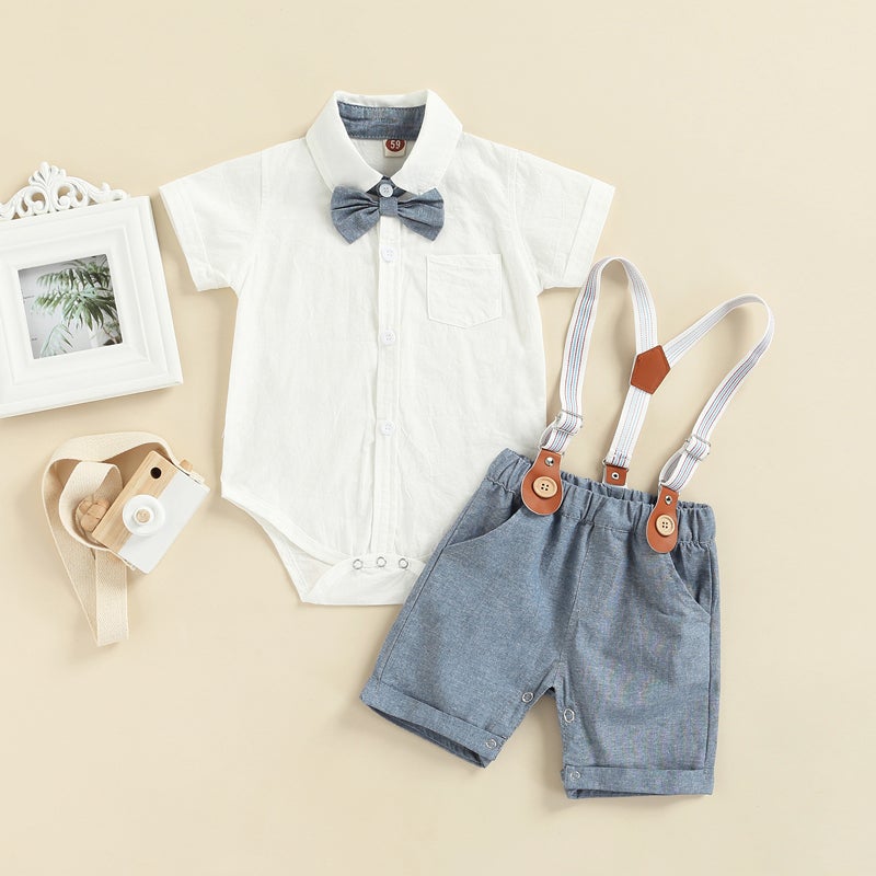 Gentleman Bow Tie Romper with Overalls Shorts