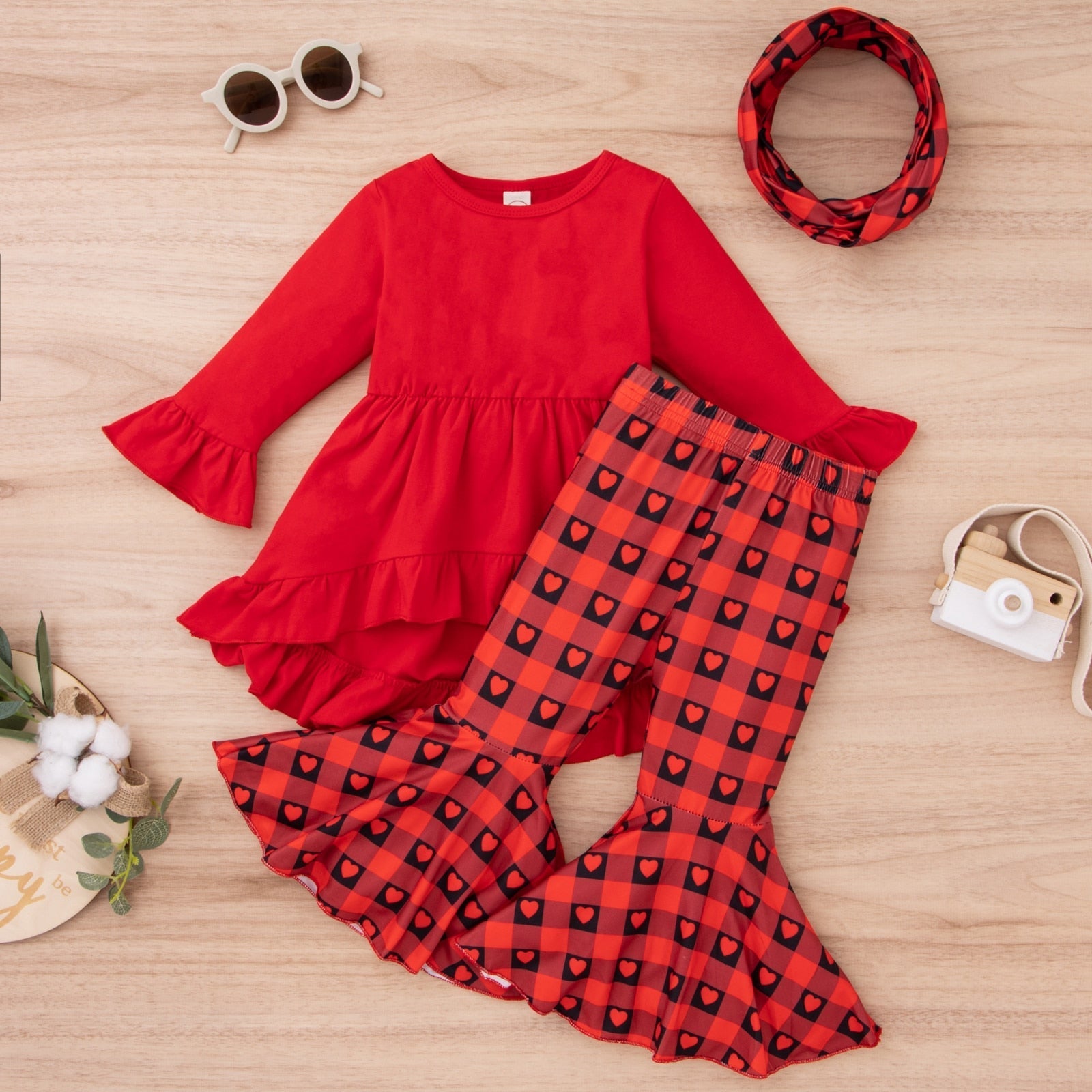 Valentine's Day Plaid Heart Bell Bottoms Outfit