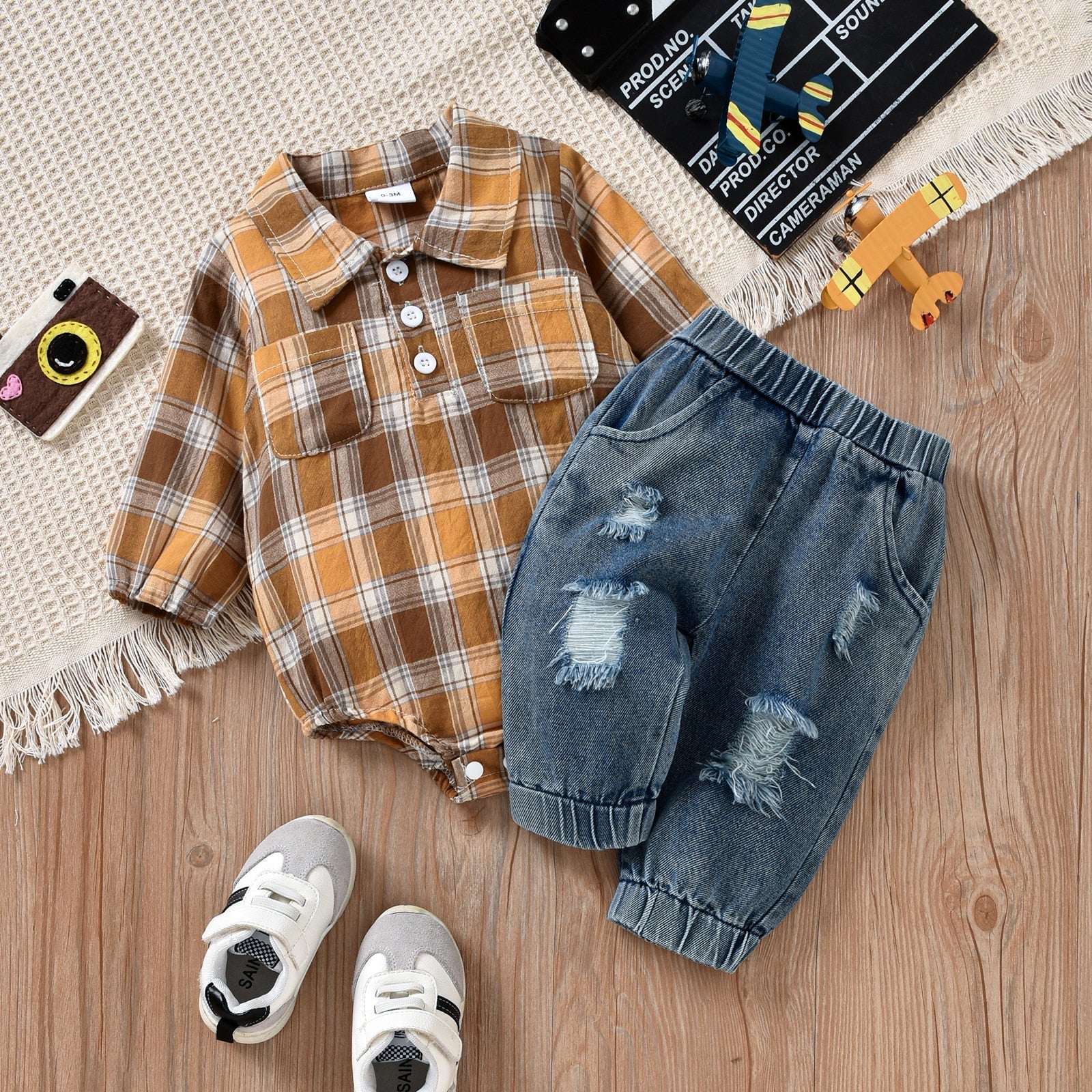 Piper Plaid Onesie with Jeans Outfit