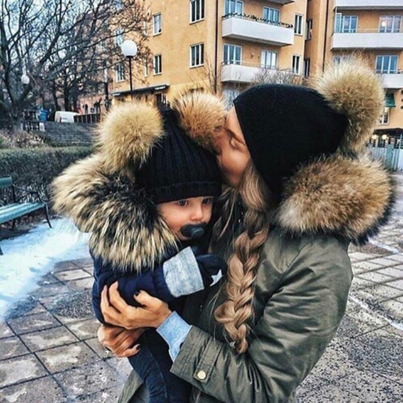 Fur Pom Pom Matching Beanies