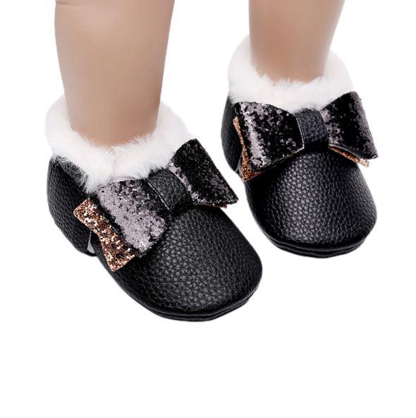 Furry Glitter Bow Moccasins