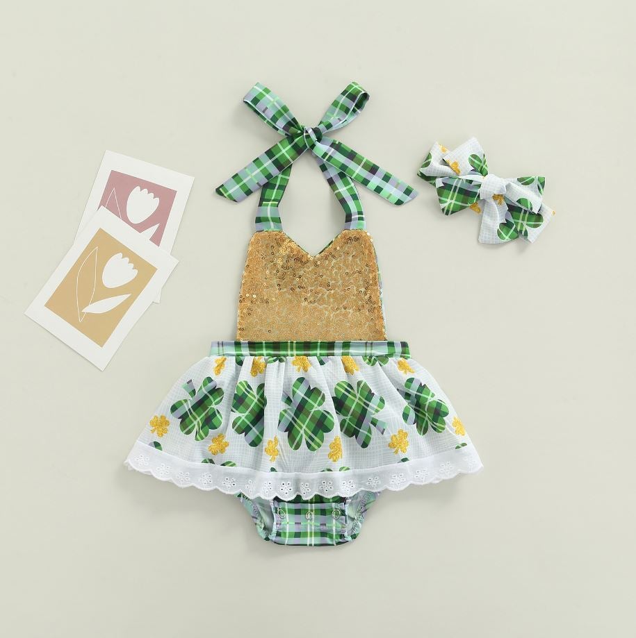 St. Patrick's Day Plaid Clover Romper