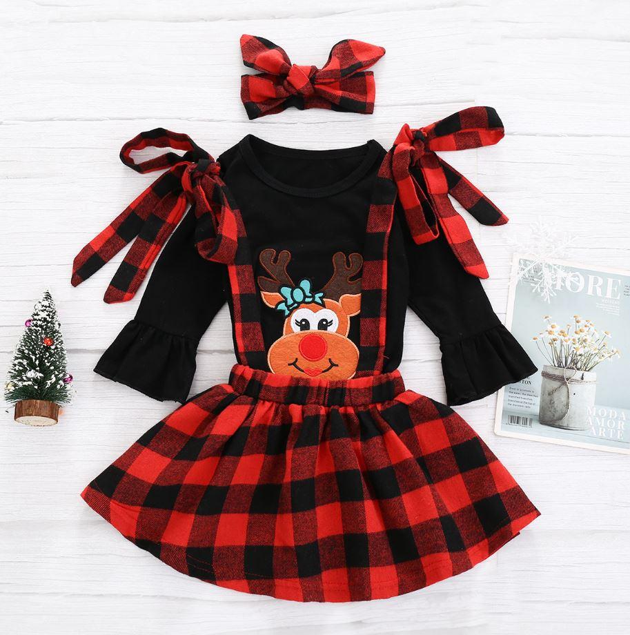Reindeer Top with Plaid Skirt Outfit